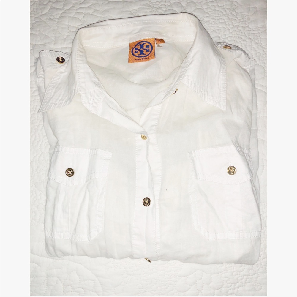 White button down with gold buttons
